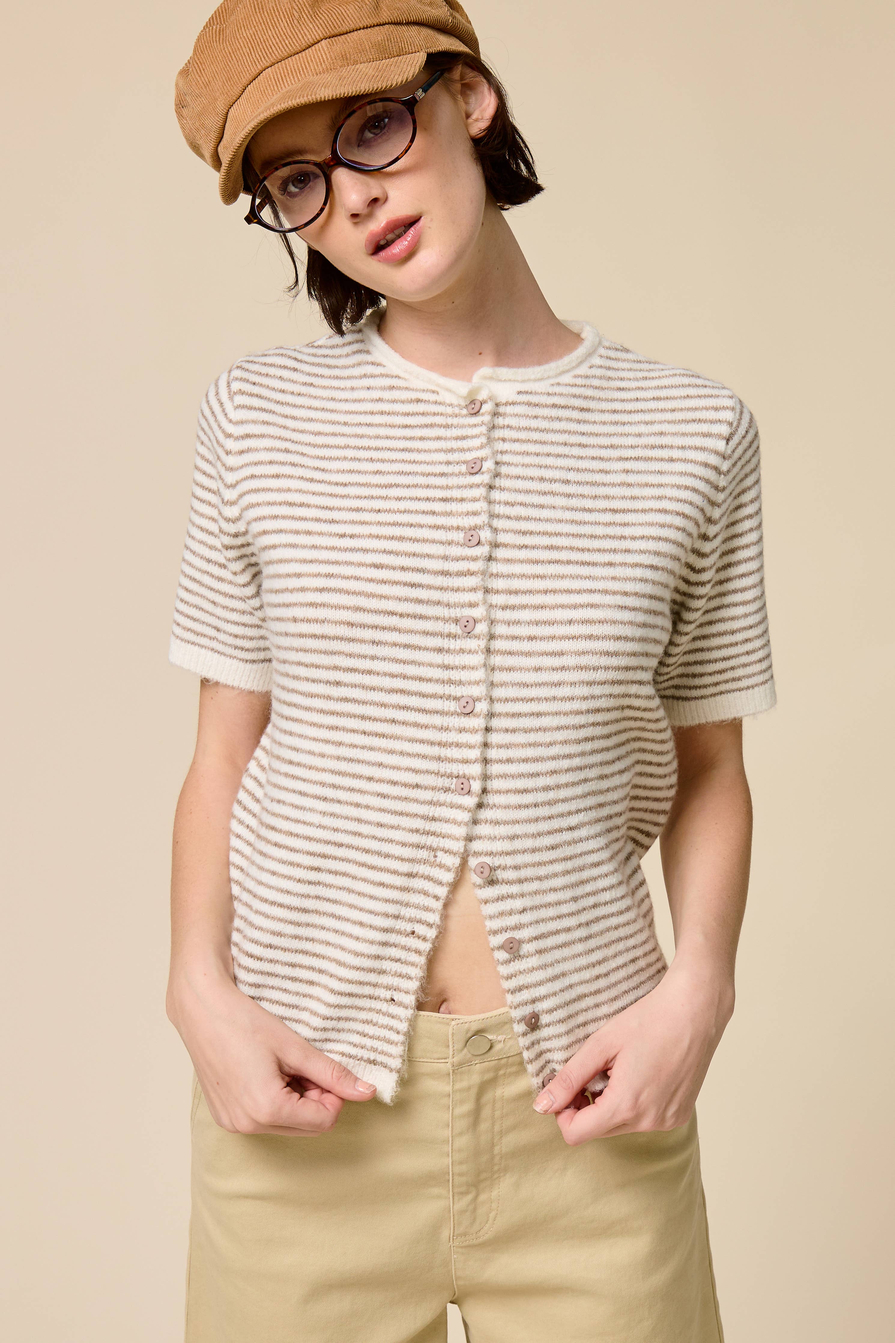 Striped Short Sleeve Button Cardigan