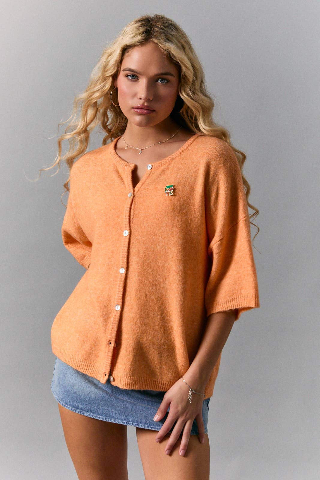 SHORT SLEEVE CREW NECK SWEATER LIGHTWEIGHT CARDIGAN