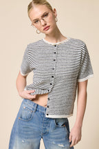Striped Short Sleeve Button Cardigan