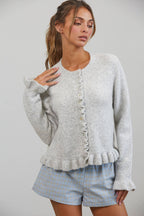 HC2498-WHITE MELANGE-Ruffle Wave Button Knit Cardigan