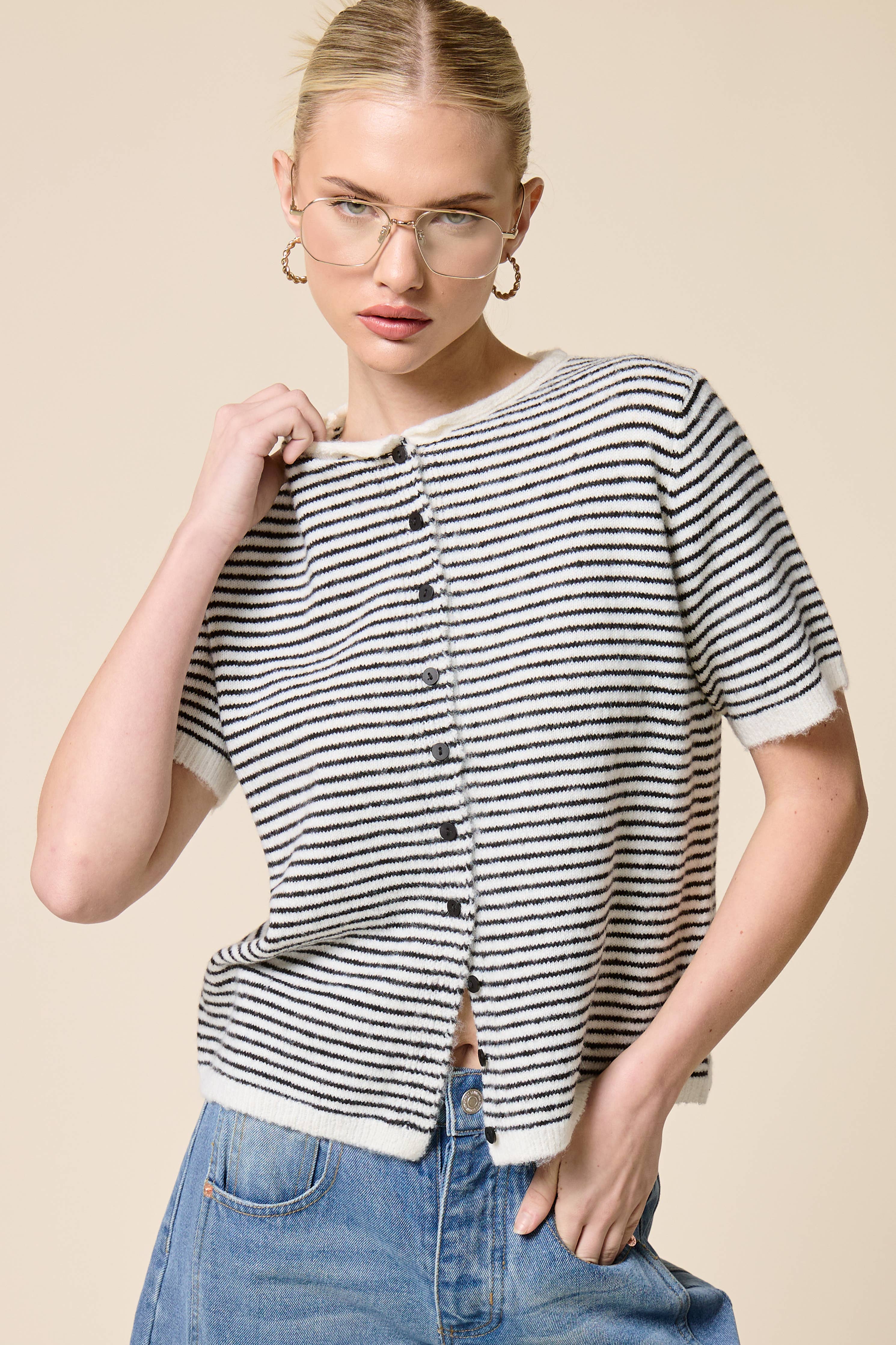 Striped Short Sleeve Button Cardigan