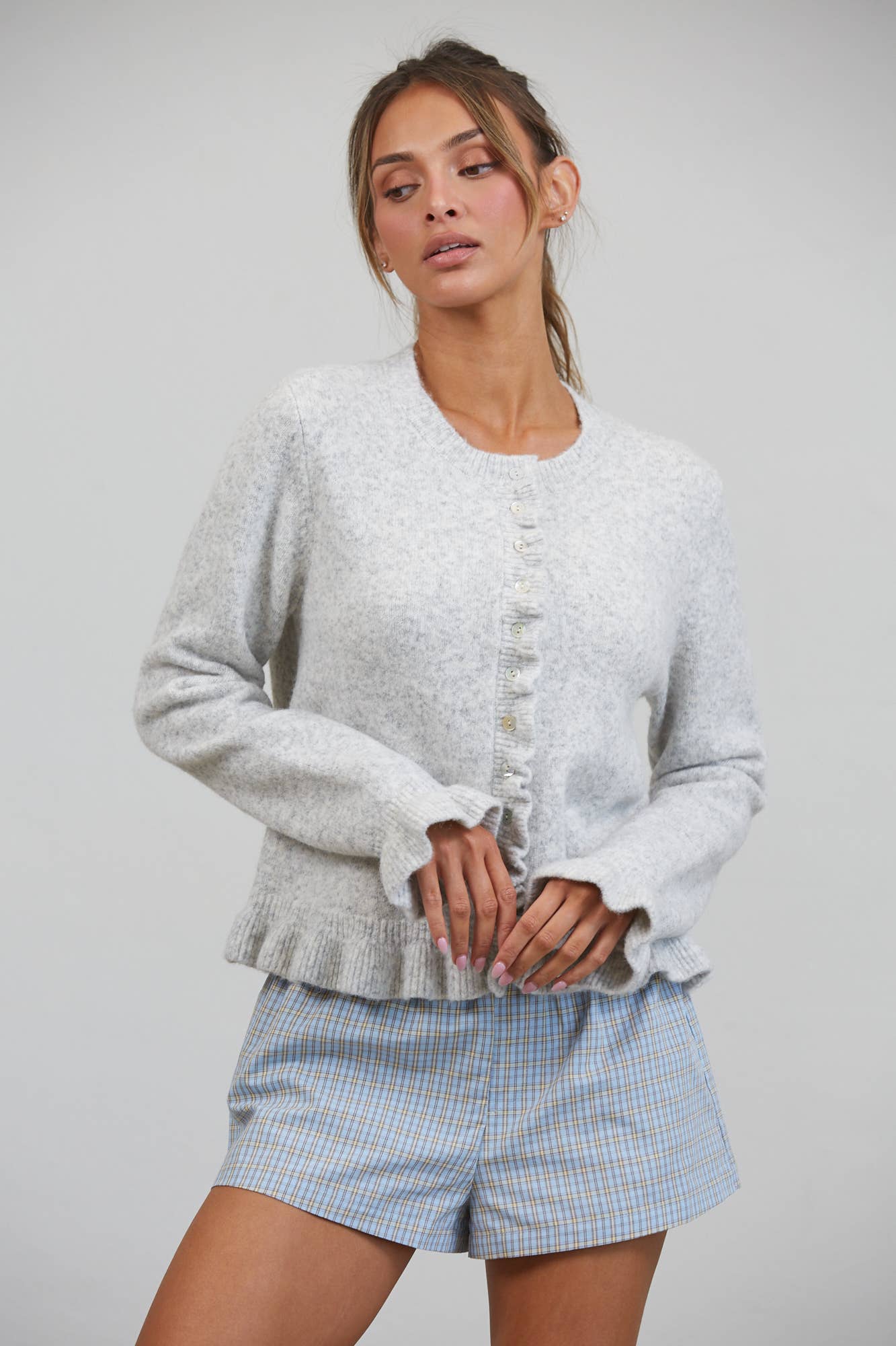 HC2498-WHITE MELANGE-Ruffle Wave Button Knit Cardigan