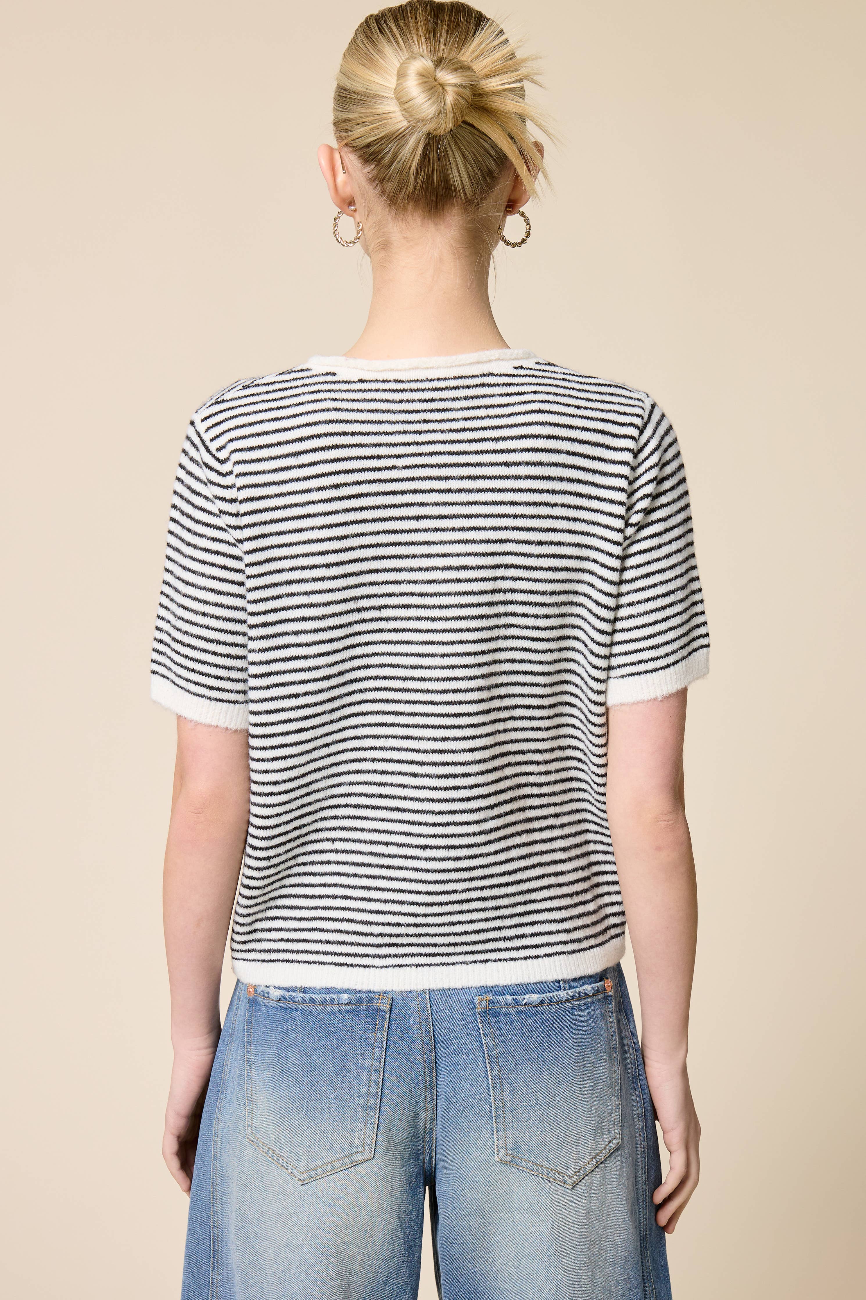 Striped Short Sleeve Button Cardigan