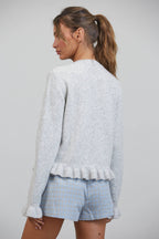 HC2498-WHITE MELANGE-Ruffle Wave Button Knit Cardigan
