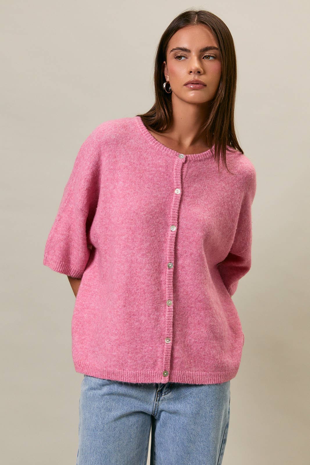 SHORT SLEEVE CREW NECK SWEATER LIGHTWEIGHT CARDIGAN