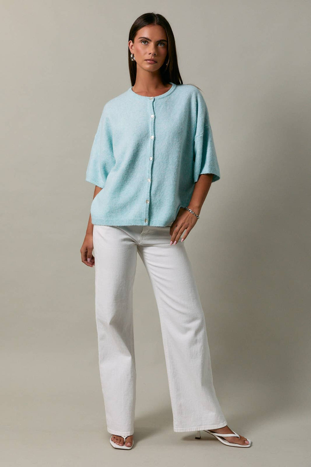 SHORT SLEEVE CREW NECK SWEATER LIGHTWEIGHT CARDIGAN