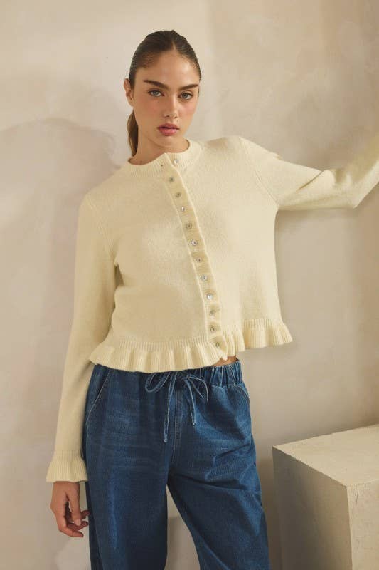 HC2498-WHITE MELANGE-Ruffle Wave Button Knit Cardigan