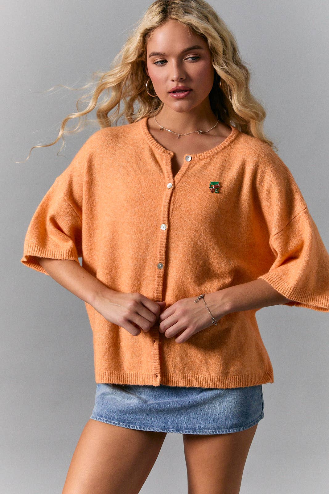 SHORT SLEEVE CREW NECK SWEATER LIGHTWEIGHT CARDIGAN