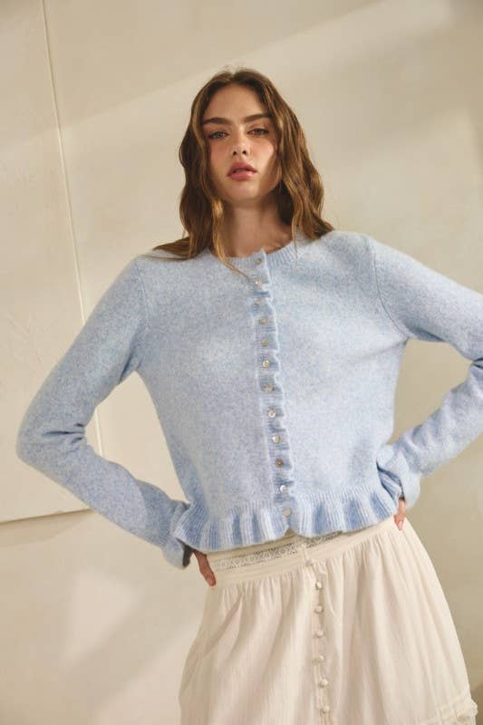 HC2498-WHITE MELANGE-Ruffle Wave Button Knit Cardigan