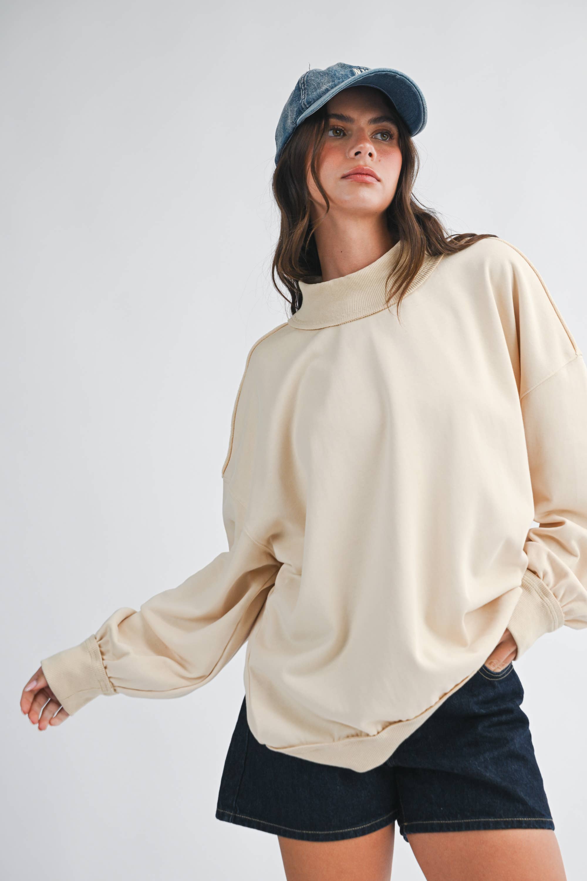 9164HK Oversized Mock Neck Washed Sweatshirt