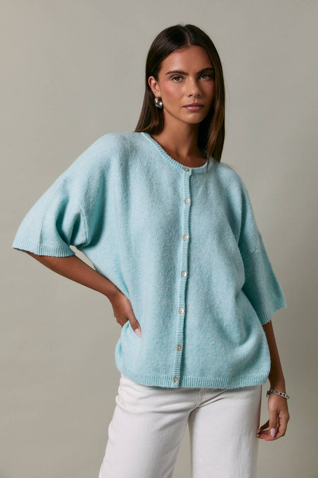 SHORT SLEEVE CREW NECK SWEATER LIGHTWEIGHT CARDIGAN