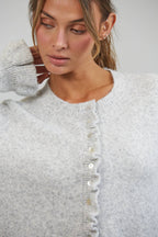 HC2498-WHITE MELANGE-Ruffle Wave Button Knit Cardigan