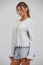 HC2498-WHITE MELANGE-Ruffle Wave Button Knit Cardigan