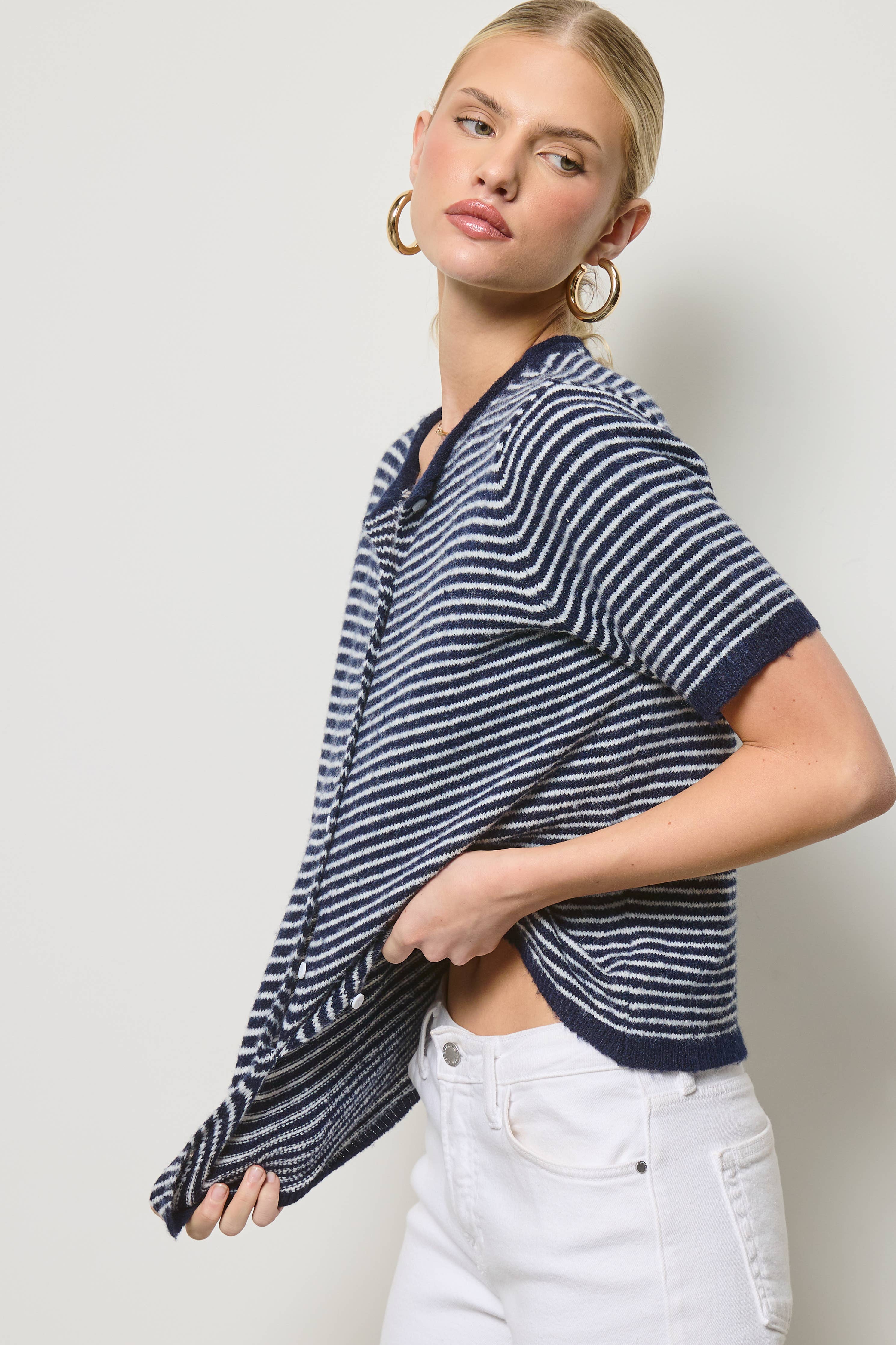 Striped Short Sleeve Button Cardigan