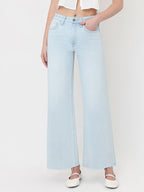 HIGH RISE CLEAN CUT RAW HEM WIDE FLARE JEANS T7401