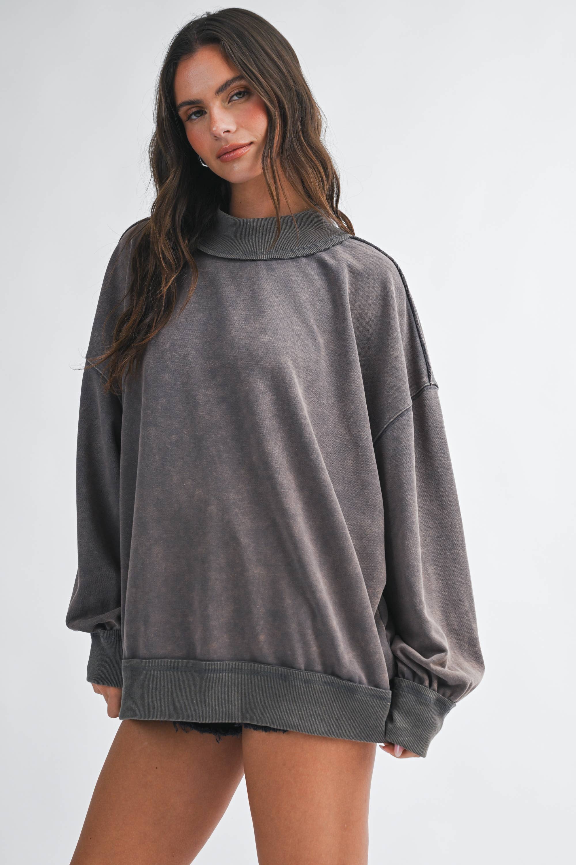 9164HK Oversized Mock Neck Washed Sweatshirt