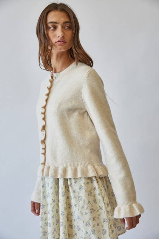 HC2498-WHITE MELANGE-Ruffle Wave Button Knit Cardigan