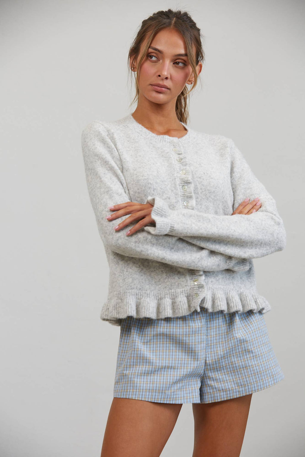HC2498-WHITE MELANGE-Ruffle Wave Button Knit Cardigan