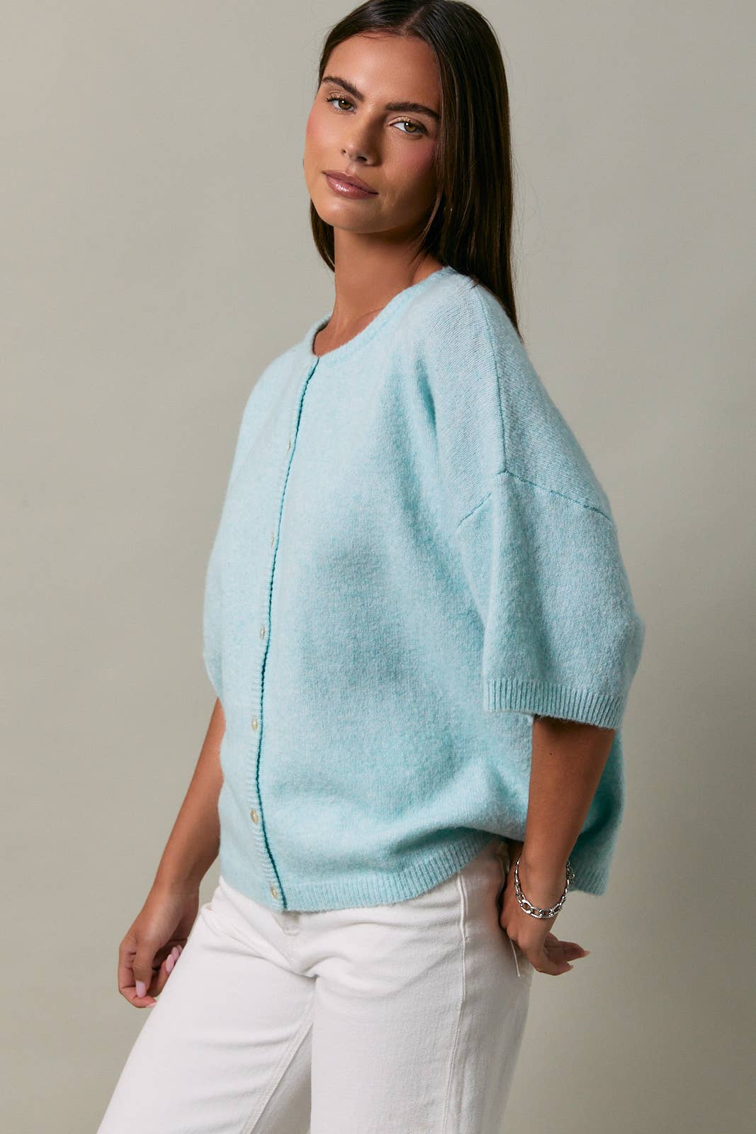 SHORT SLEEVE CREW NECK SWEATER LIGHTWEIGHT CARDIGAN