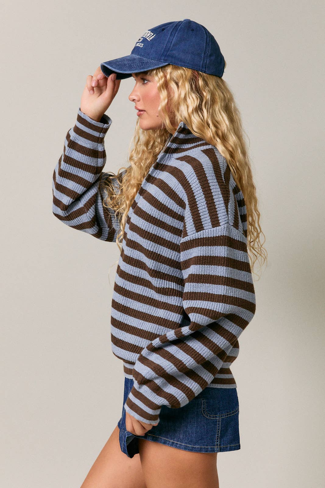 LONG SLEEVE HIGH NECK STRIPE SWEATER JACKET