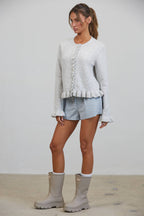 HC2498-WHITE MELANGE-Ruffle Wave Button Knit Cardigan