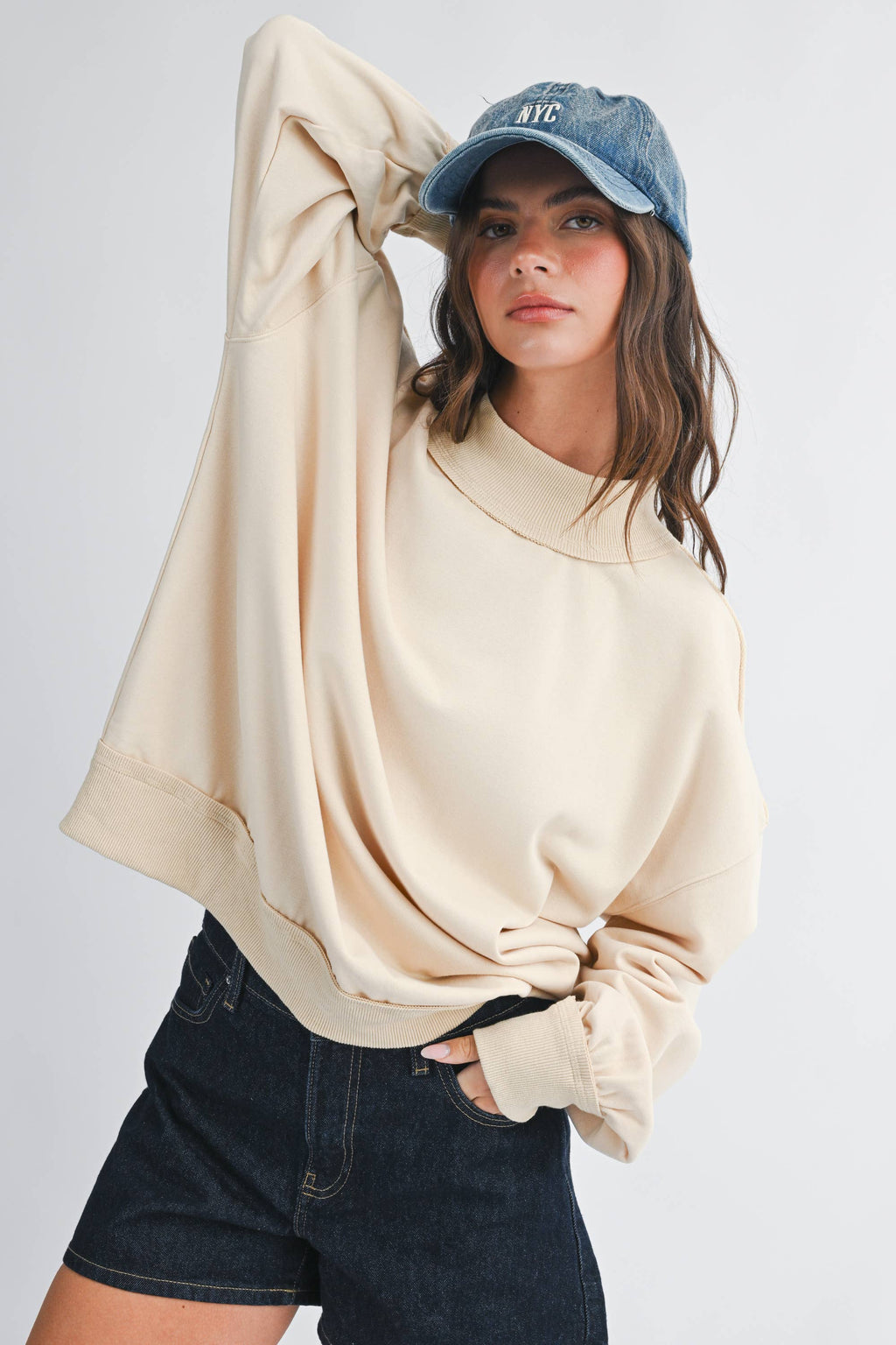 9164HK Oversized Mock Neck Washed Sweatshirt