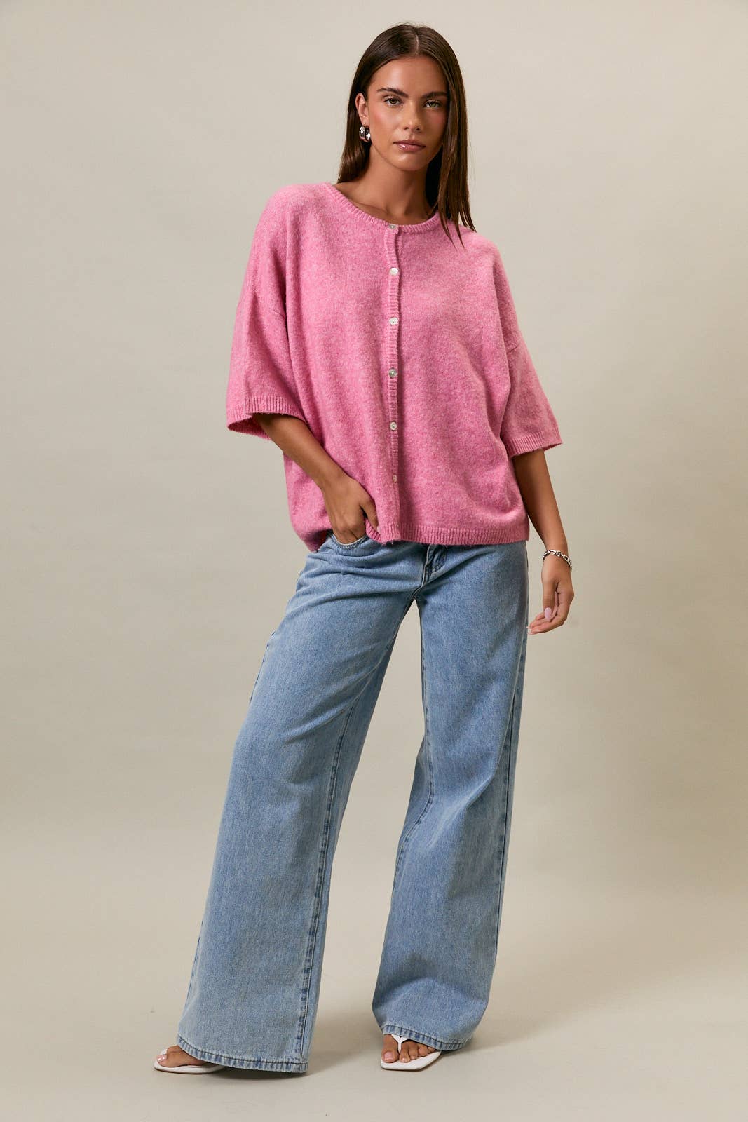 SHORT SLEEVE CREW NECK SWEATER LIGHTWEIGHT CARDIGAN