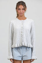 HC2498-WHITE MELANGE-Ruffle Wave Button Knit Cardigan