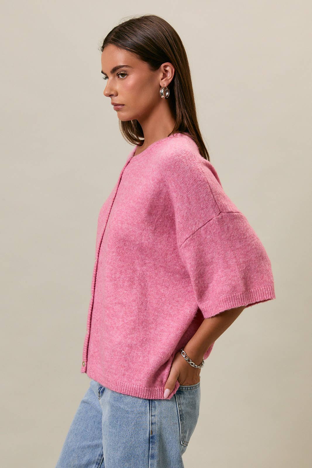 SHORT SLEEVE CREW NECK SWEATER LIGHTWEIGHT CARDIGAN