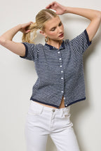 Striped Short Sleeve Button Cardigan