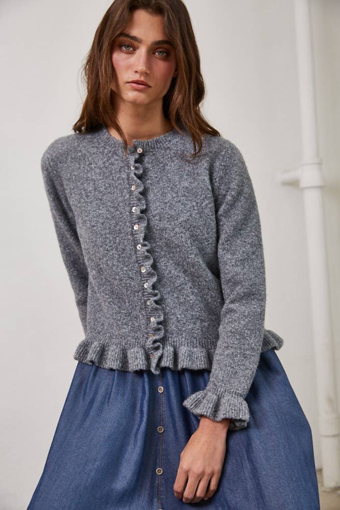 HC2498-WHITE MELANGE-Ruffle Wave Button Knit Cardigan