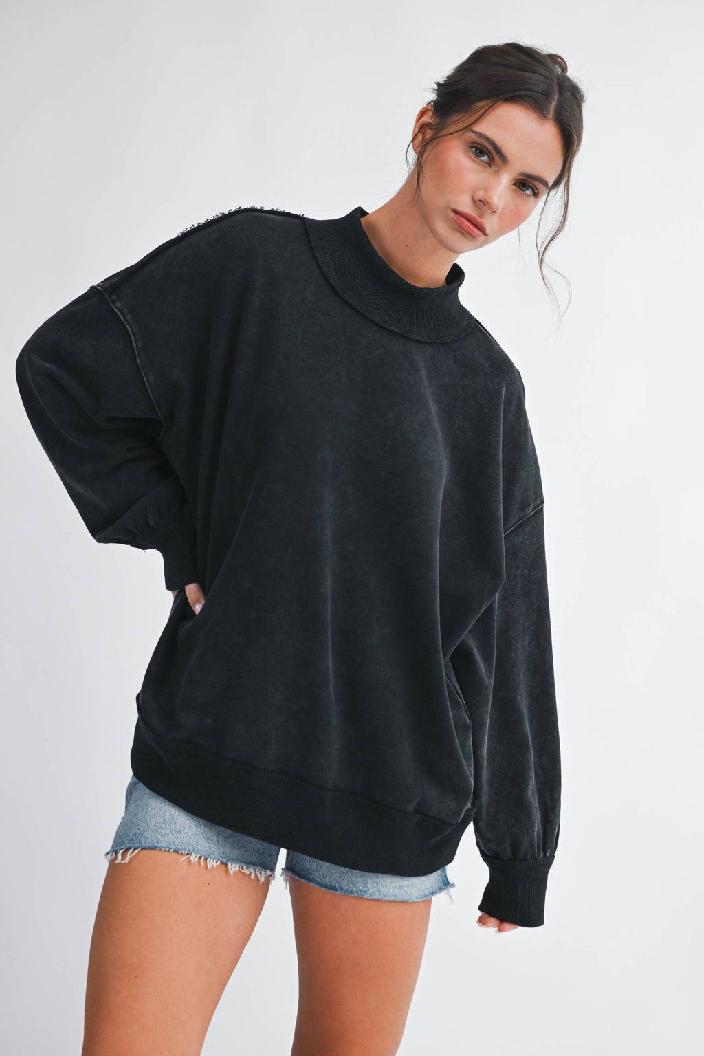 9164HK Oversized Mock Neck Washed Sweatshirt