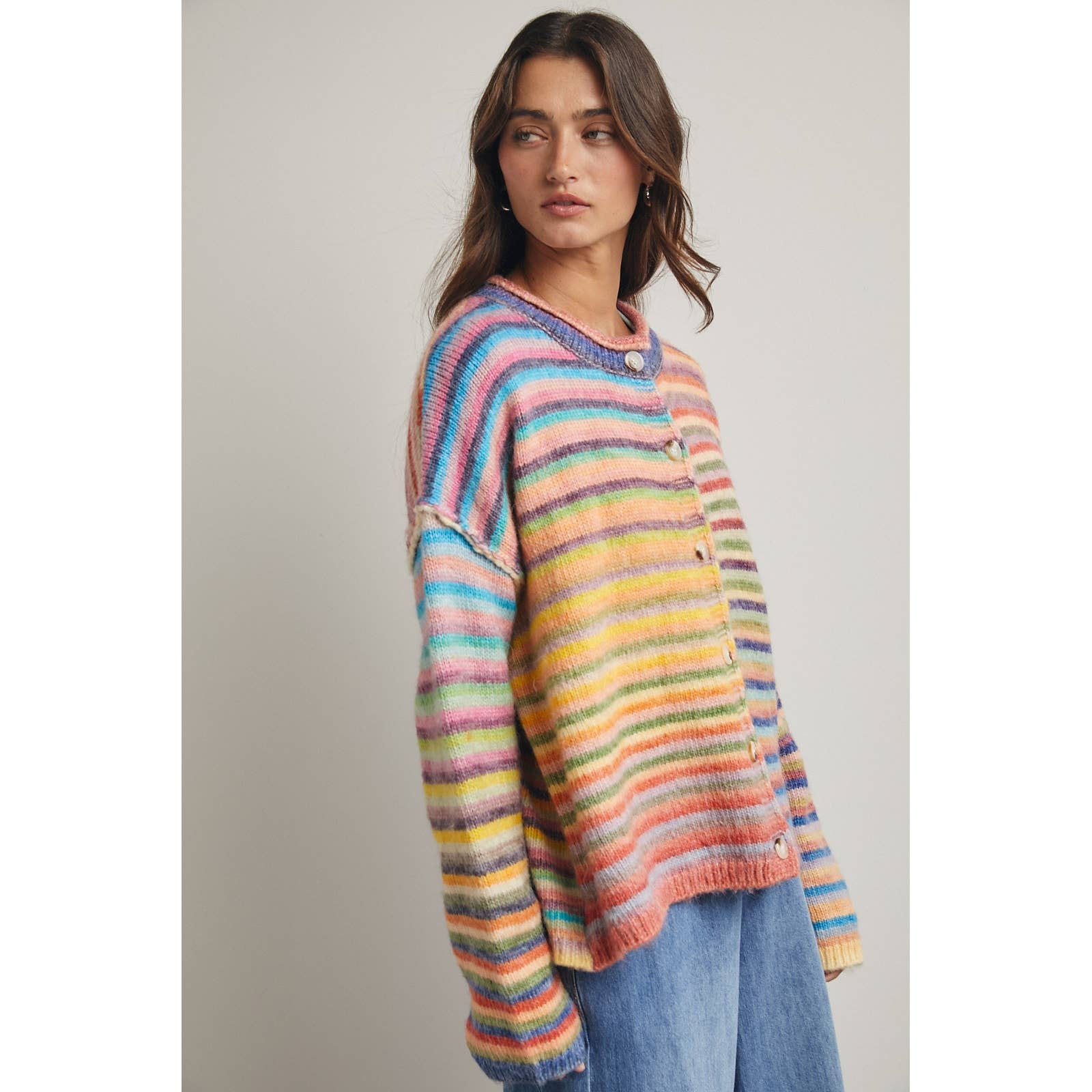 RAINBOW BUTTON-UP KNIT SWEATER CARDIGAN / WL25-12197